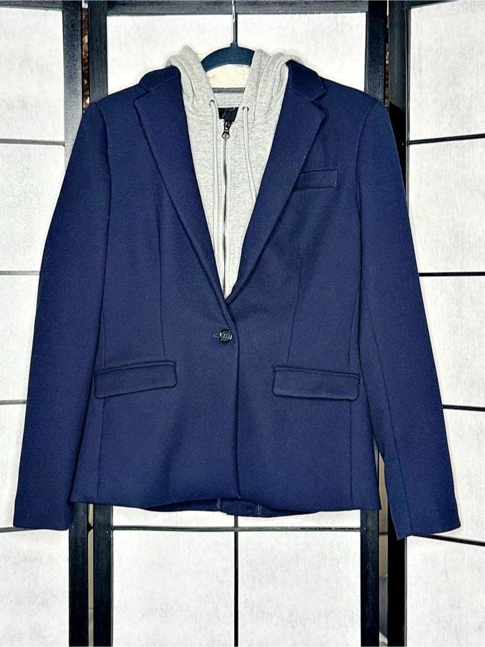 Cynthia Rowley Navy Blazer Gray Zip Hoodie Insert Layered Jacket Size Medium